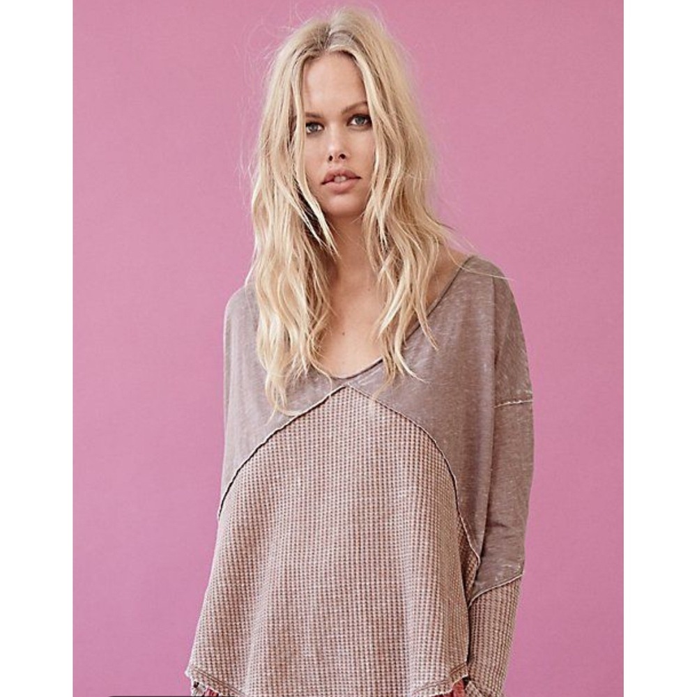 We The Free Free People Waffle Knit Burnout V-Neck Top Brown Medium